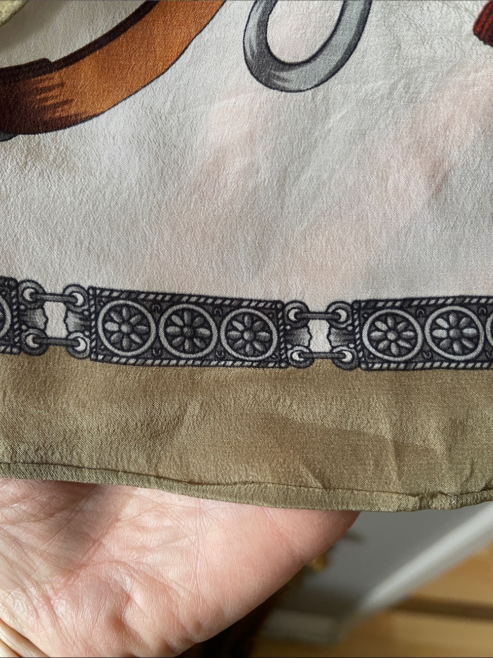 Vintage Silk-Feel Tassel & Tack Print Scarf - Ivory, Rust, Olive - Picture 3 of 7